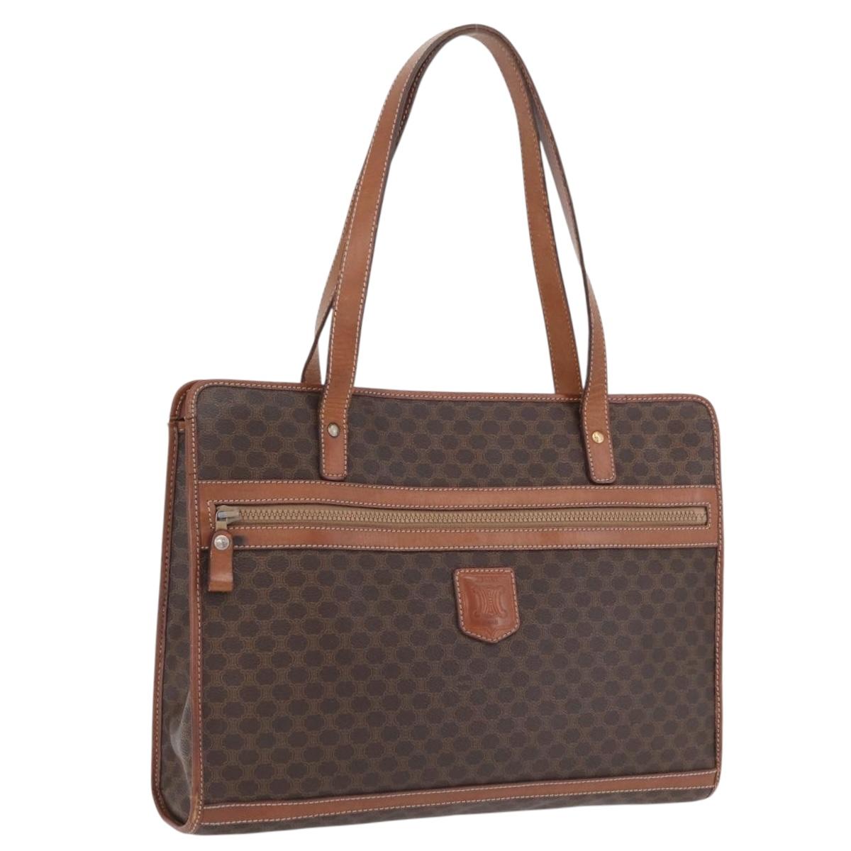 CELINE Macadam Canvas Tote Bag PVC Leather Brown Gold Auth fm5504