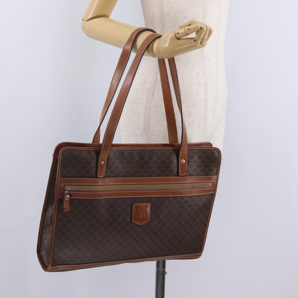 CELINE Macadam Canvas Tote Bag PVC Leather Brown Gold Auth fm5504