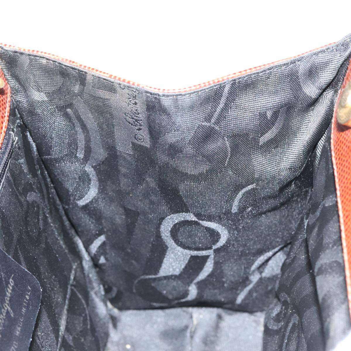 Salvatore Ferragamo Vala Hand Bag Leather Embossed 2way Brown Gold Auth gh015