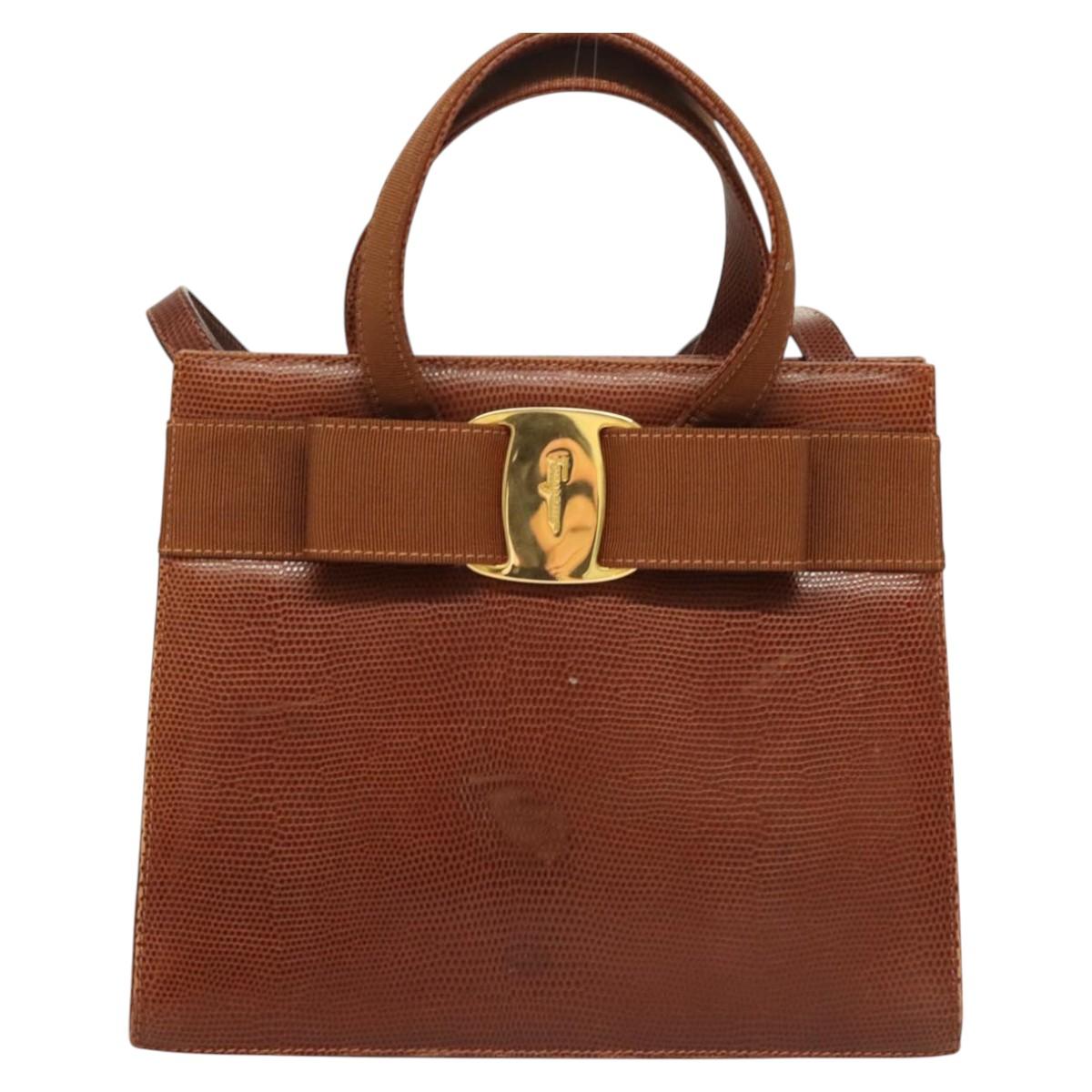 Salvatore Ferragamo Vala Hand Bag Leather Embossed 2way Brown Gold Auth gh015