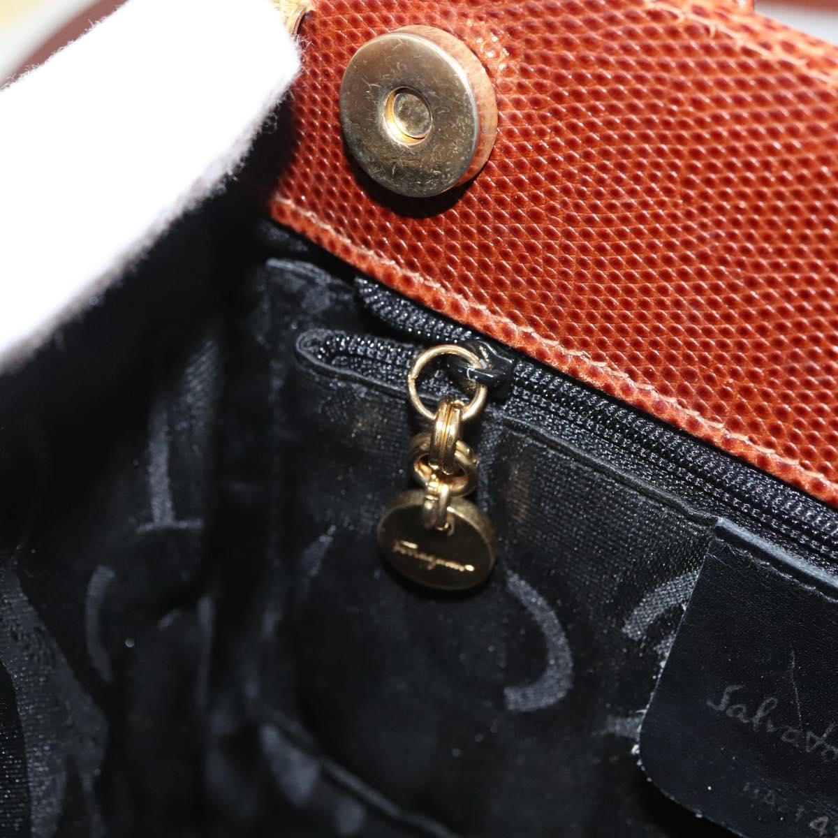 Salvatore Ferragamo Vala Hand Bag Leather Embossed 2way Brown Gold Auth gh015