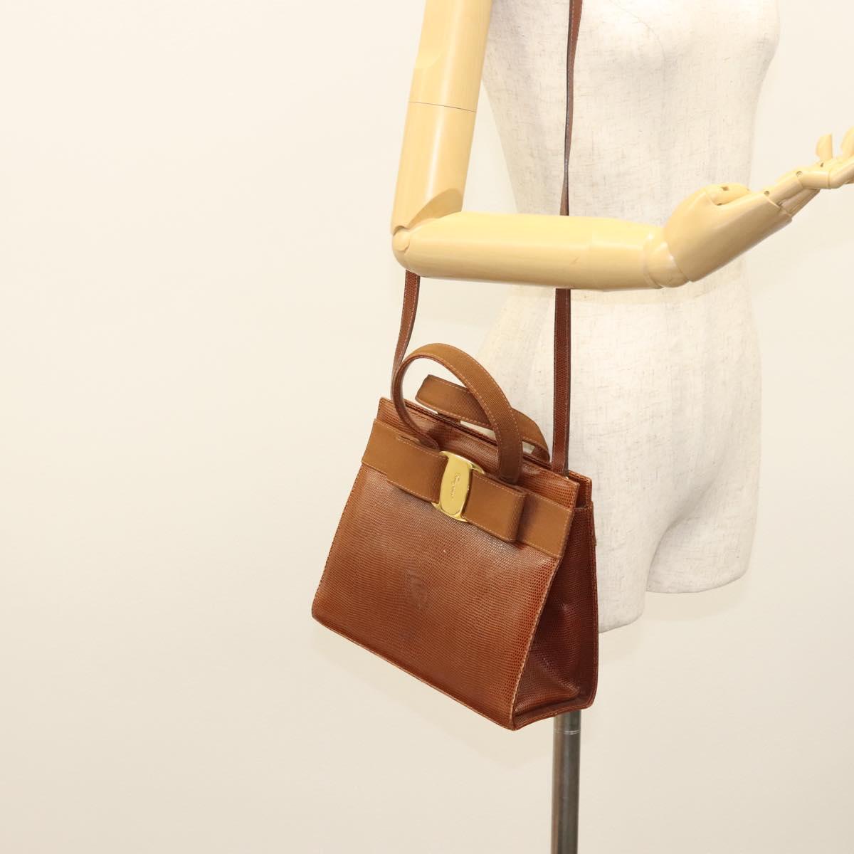 Salvatore Ferragamo Vala Hand Bag Leather Embossed 2way Brown Gold Auth gh015