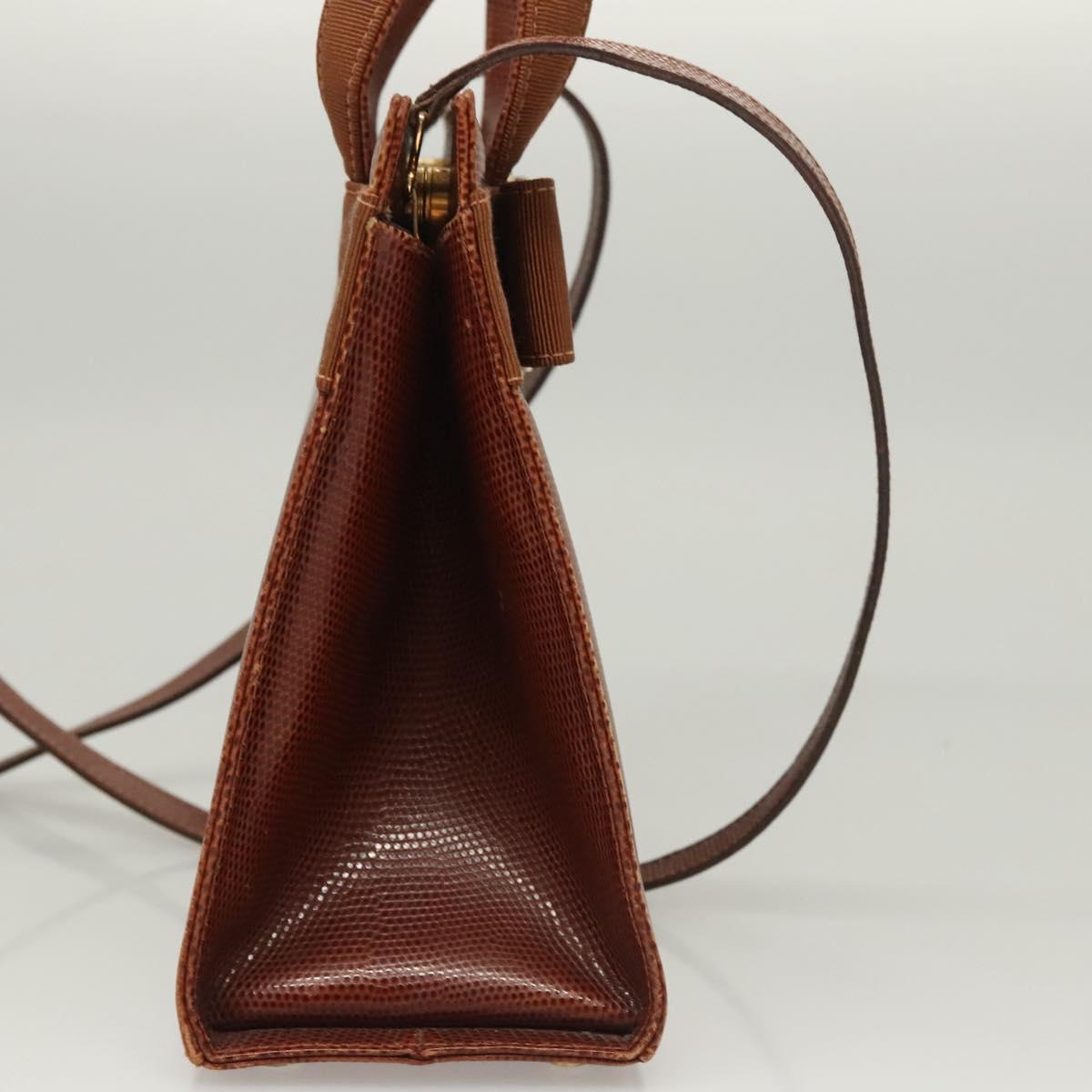 Salvatore Ferragamo Vala Hand Bag Leather Embossed 2way Brown Gold Auth gh015