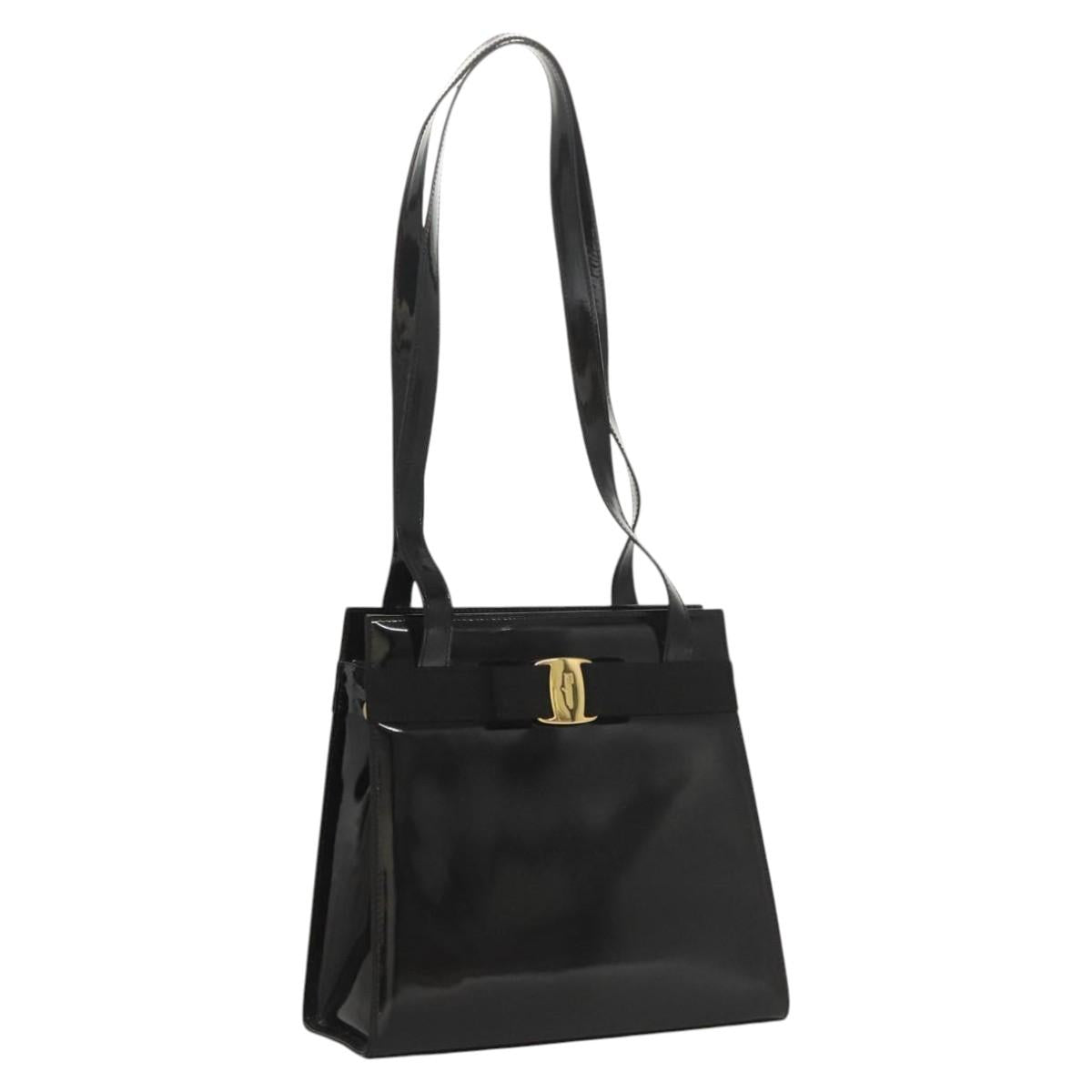 Salvatore Ferragamo Vala Shoulder Bag Patent leather Black Gold Auth gh016