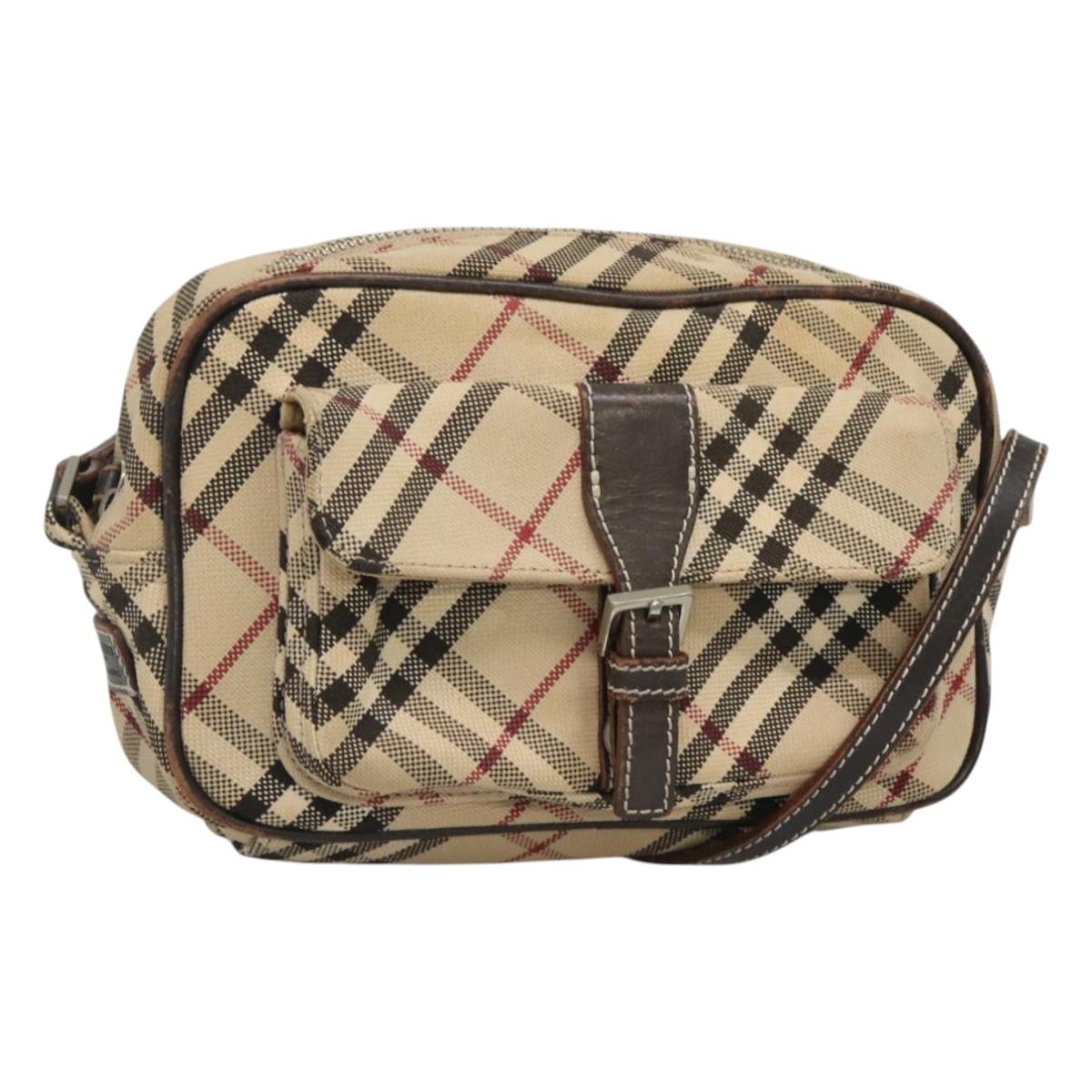 BURBERRY Nova Check Blue Label Shoulder Bag Canvas Beige Silver Auth gh030