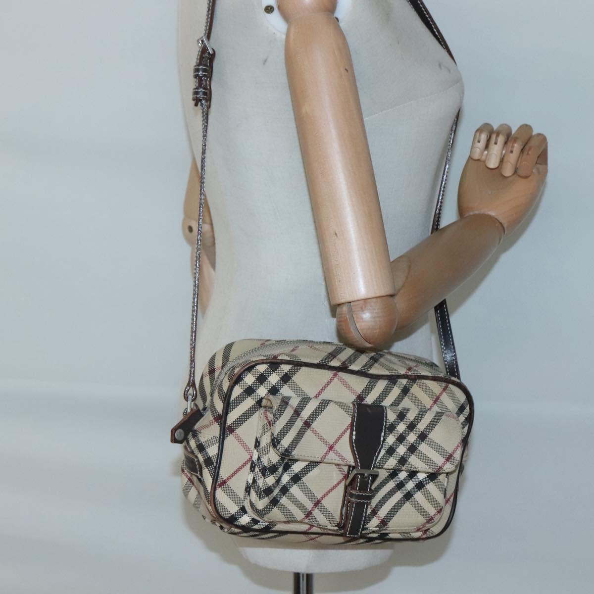 BURBERRY Nova Check Blue Label Shoulder Bag Canvas Beige Silver Auth gh030