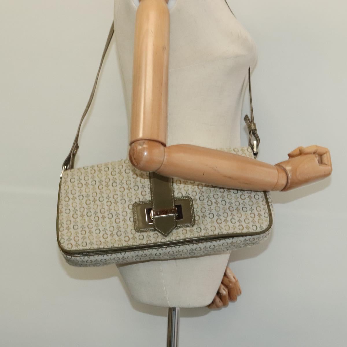 CELINE C Macadam Canvas Shoulder Bag Beige Brown Silver Auth gh040