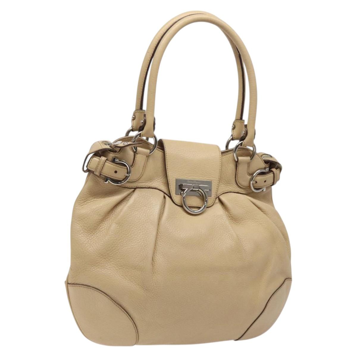 Salvatore Ferragamo Gancini Shoulder Bag Leather Beige Silver Auth gh060