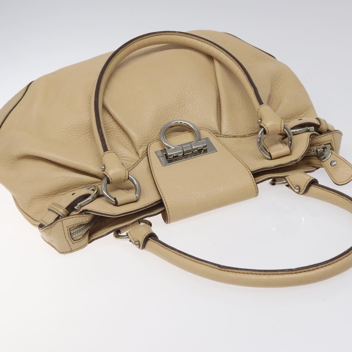 Salvatore Ferragamo Gancini Shoulder Bag Leather Beige Silver Auth gh060