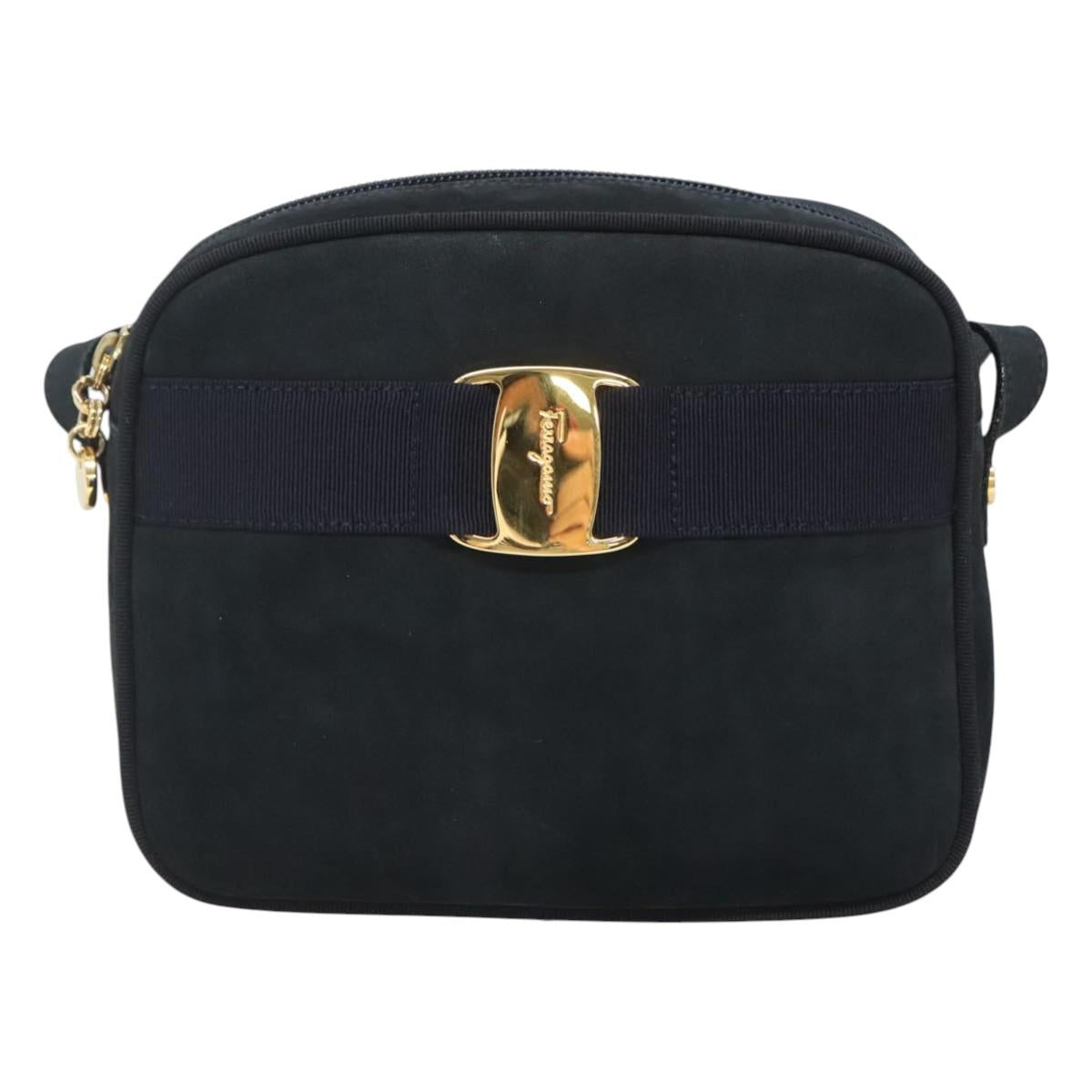 Salvatore Ferragamo Vala Shoulder Bag Suede Navy Gold Auth gh061