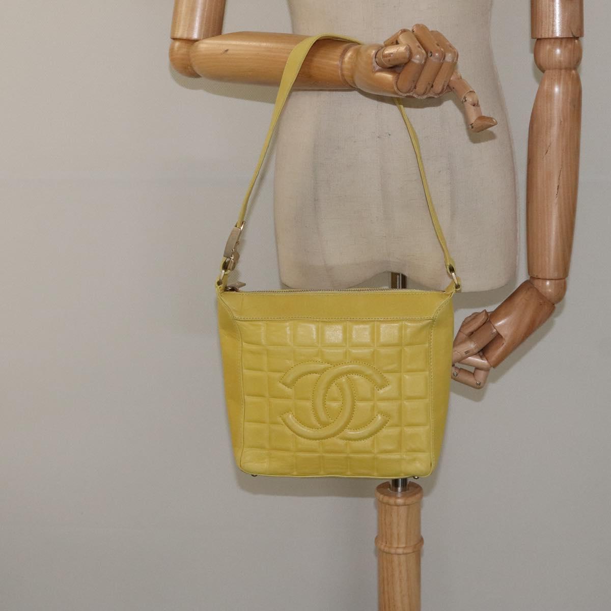 CHANEL Choco Bar COCO Mark Shoulder Bag Lamb Skin Yellow CC Auth gh066