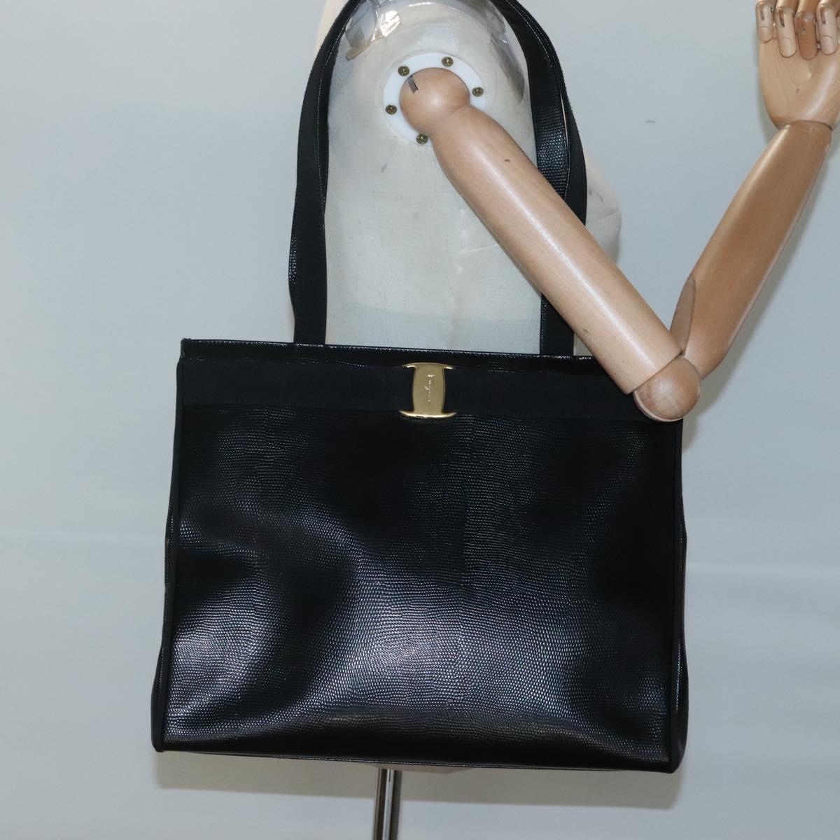 Salvatore Ferragamo Tote Bag Leather Embossed Black Gold Auth gh067