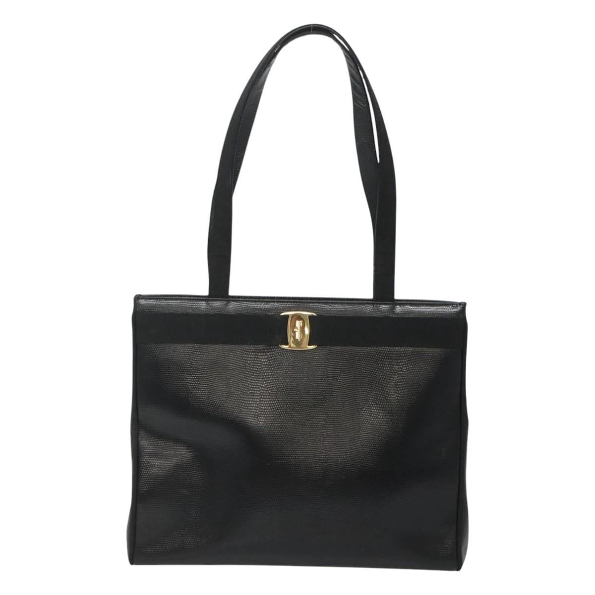 Salvatore Ferragamo Tote Bag Leather Embossed Black Gold Auth gh067
