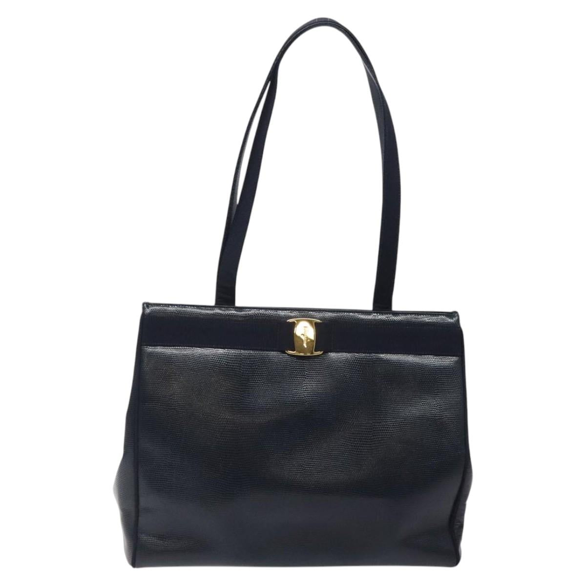 Salvatore Ferragamo Tote Bag Leather Embossed Navy Gold Auth gh069