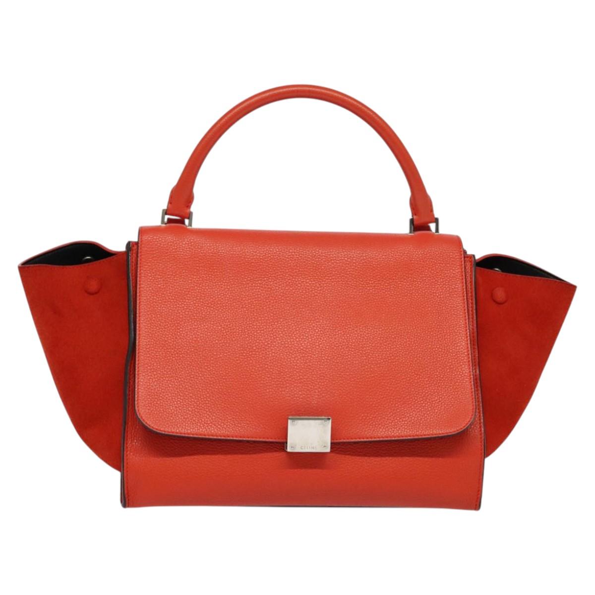CELINE Trapeze Medium Hand Bag Suede Leather 2way Red Silver Auth gh084