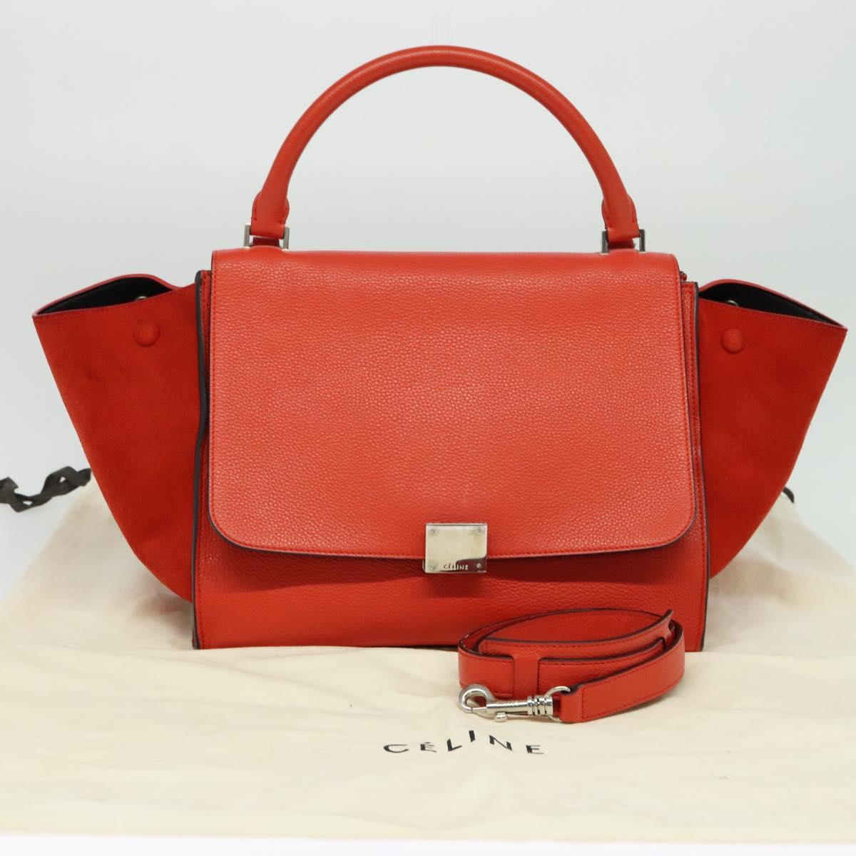 CELINE Trapeze Medium Hand Bag Suede Leather 2way Red Silver Auth gh084