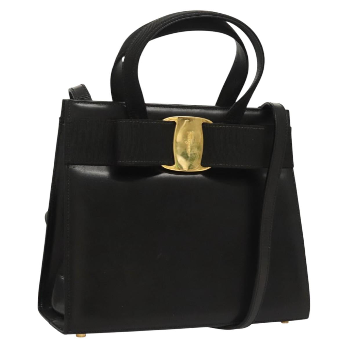 Salvatore Ferragamo Vala Hand Bag Leather 2way Black Gold Auth gh088
