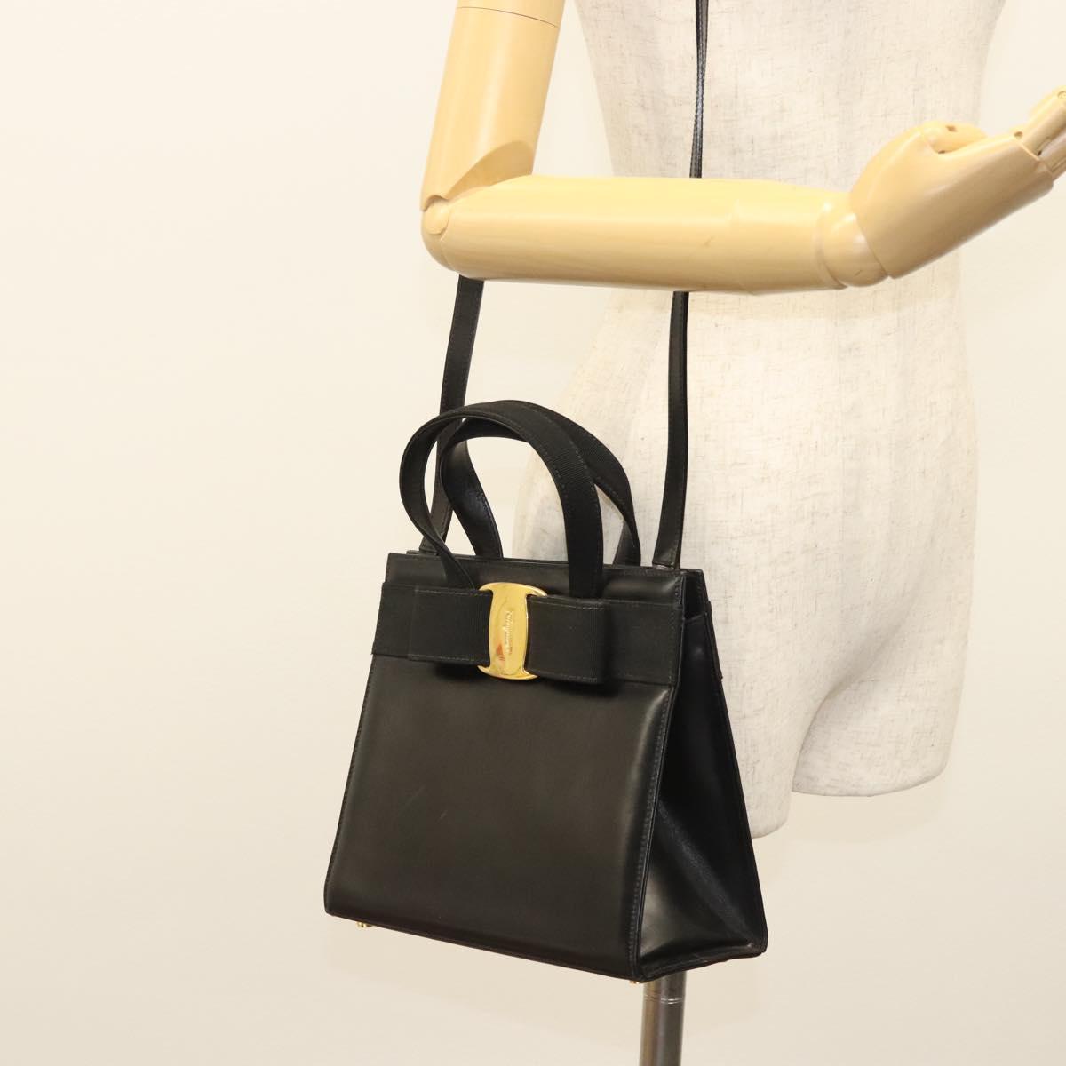 Salvatore Ferragamo Vala Hand Bag Leather 2way Black Gold Auth gh088