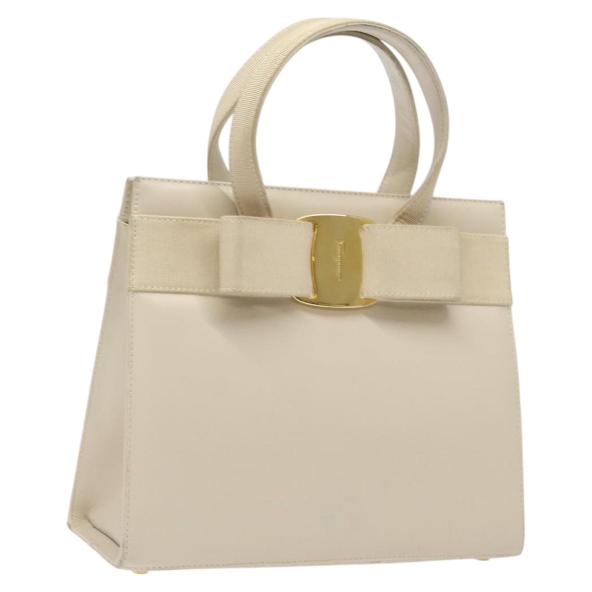 Salvatore Ferragamo Vala Hand Bag Leather Beige Gold Auth gh089
