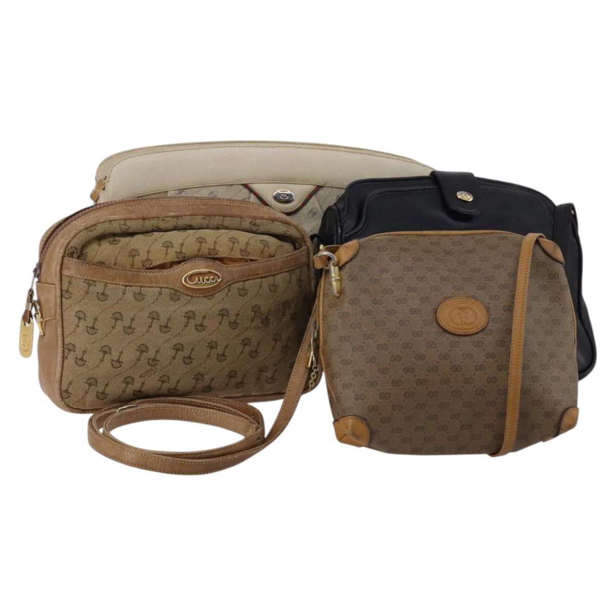 GUCCI Micro GG Supreme Shoulder Bag Canvas Leather 4Set Black Beige Auth gh1007