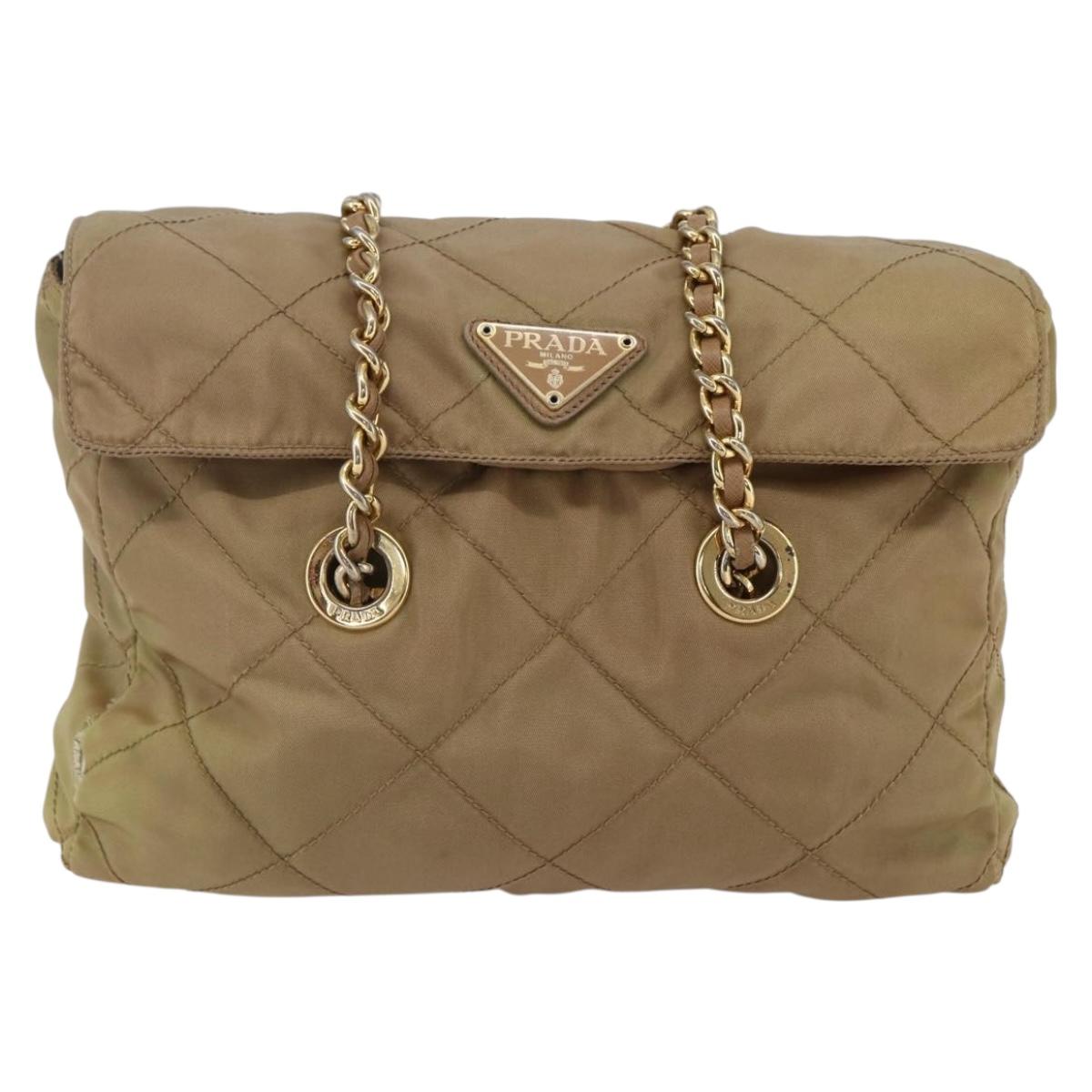 PRADA Chain Shoulder Bag Nylon Beige Gold Auth gh1068