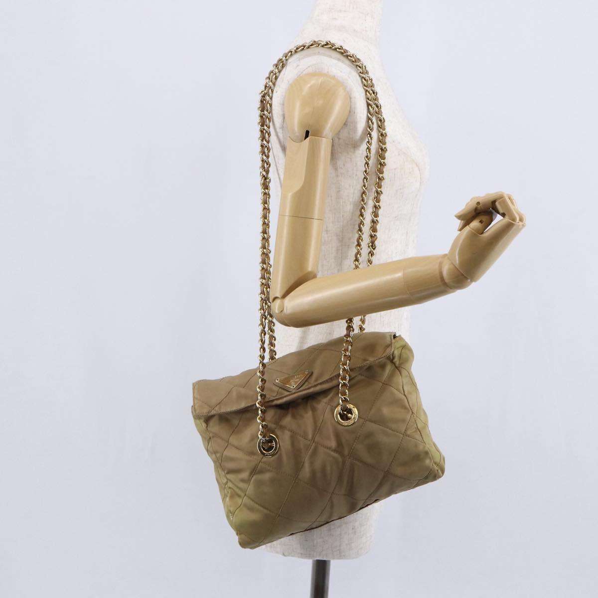 PRADA Chain Shoulder Bag Nylon Beige Gold Auth gh1068