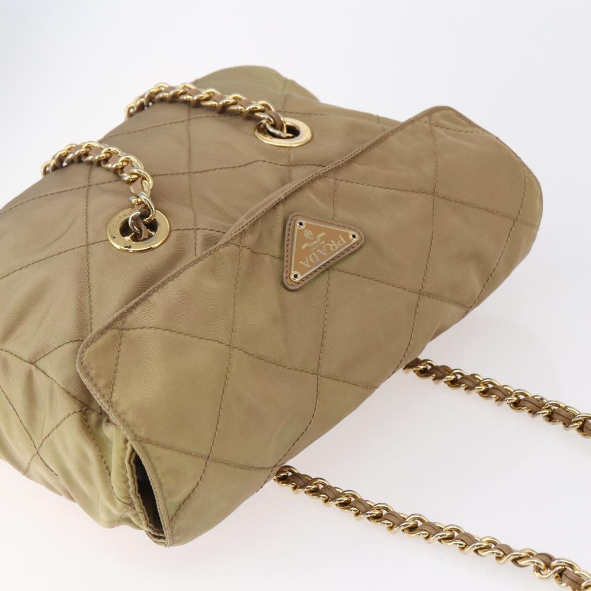 PRADA Chain Shoulder Bag Nylon Beige Gold Auth gh1068