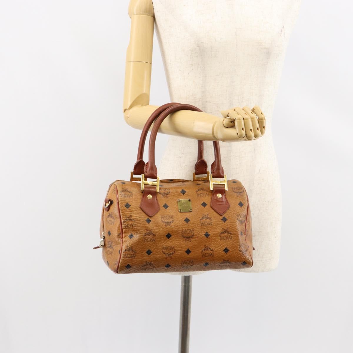 MCM Logogram Vicetos Boston Bag PVC Leather Brown Gold Auth gh1076