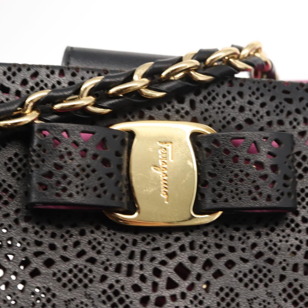 Salvatore Ferragamo Vala Chain Tote Bag Leather Black Gold Auth gh1102