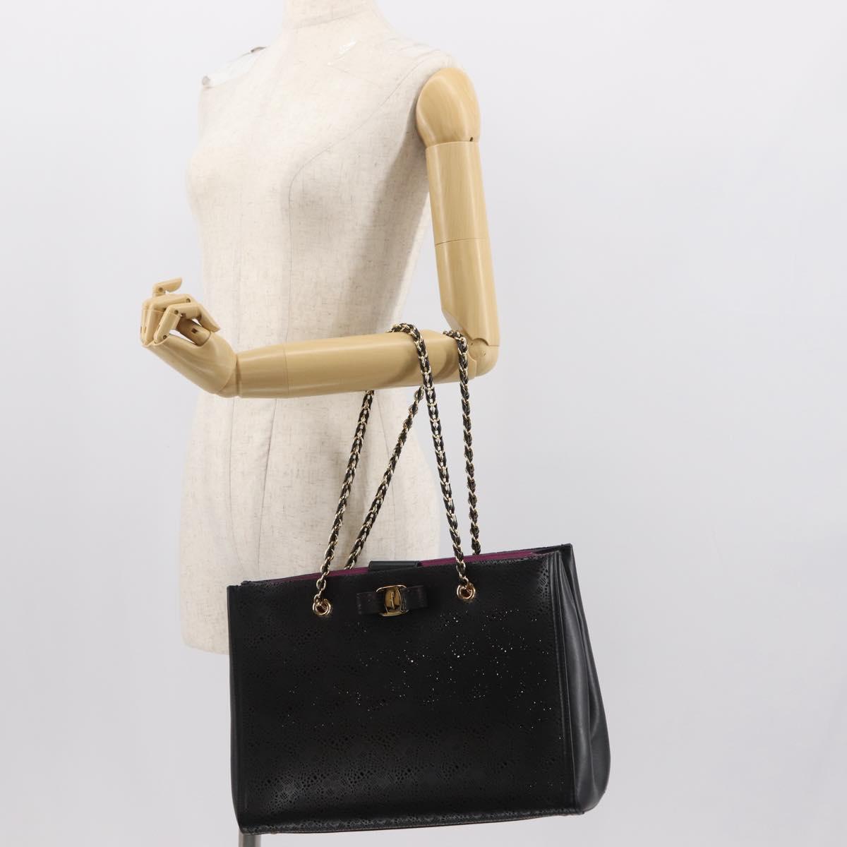 Salvatore Ferragamo Vala Chain Tote Bag Leather Black Gold Auth gh1102