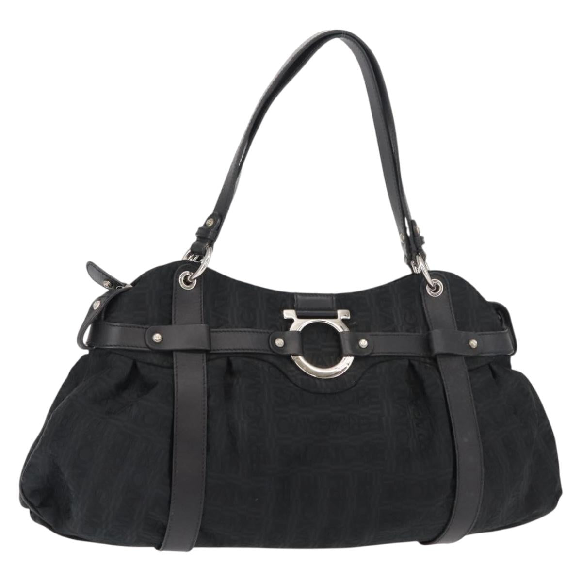 Salvatore Ferragamo Gancini Tote Bag Canvas Black Silver Auth gh1104