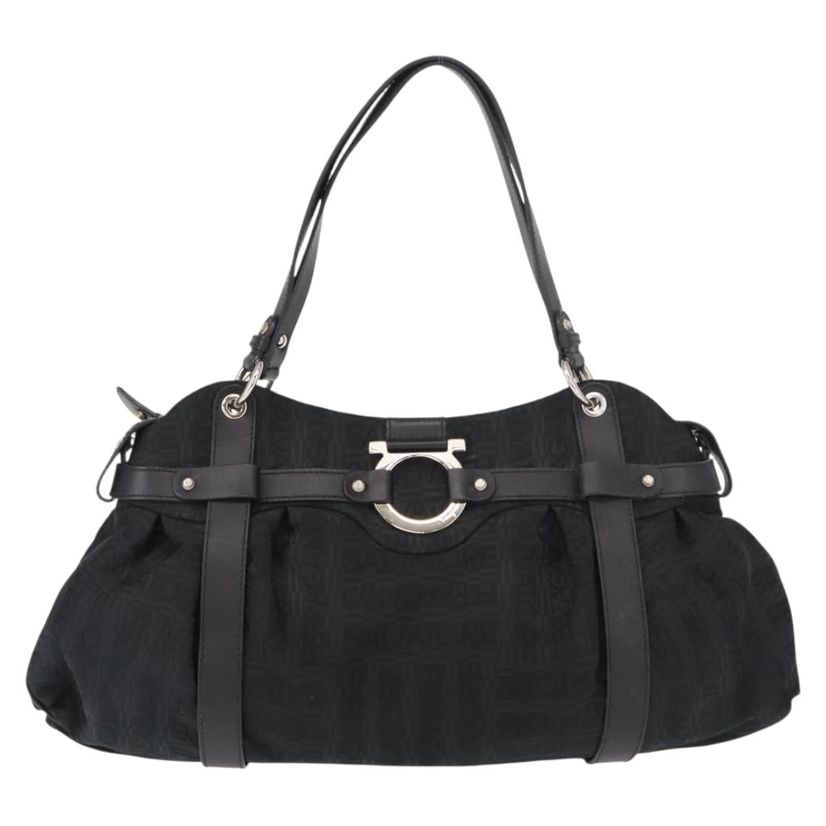 Salvatore Ferragamo Gancini Tote Bag Canvas Black Silver Auth gh1104