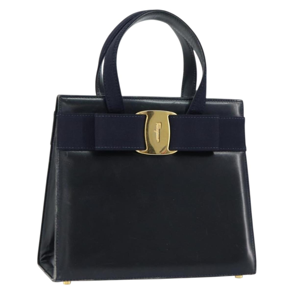 Salvatore Ferragamo Vala Hand Bag Leather Navy Gold Auth gh1106
