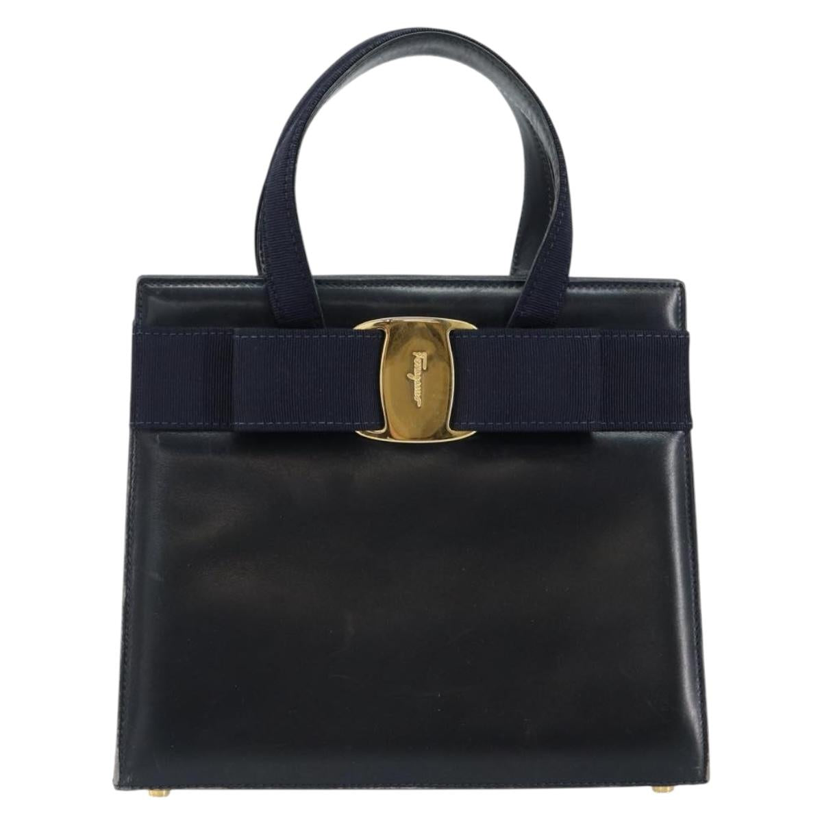 Salvatore Ferragamo Vala Hand Bag Leather Navy Gold Auth gh1106