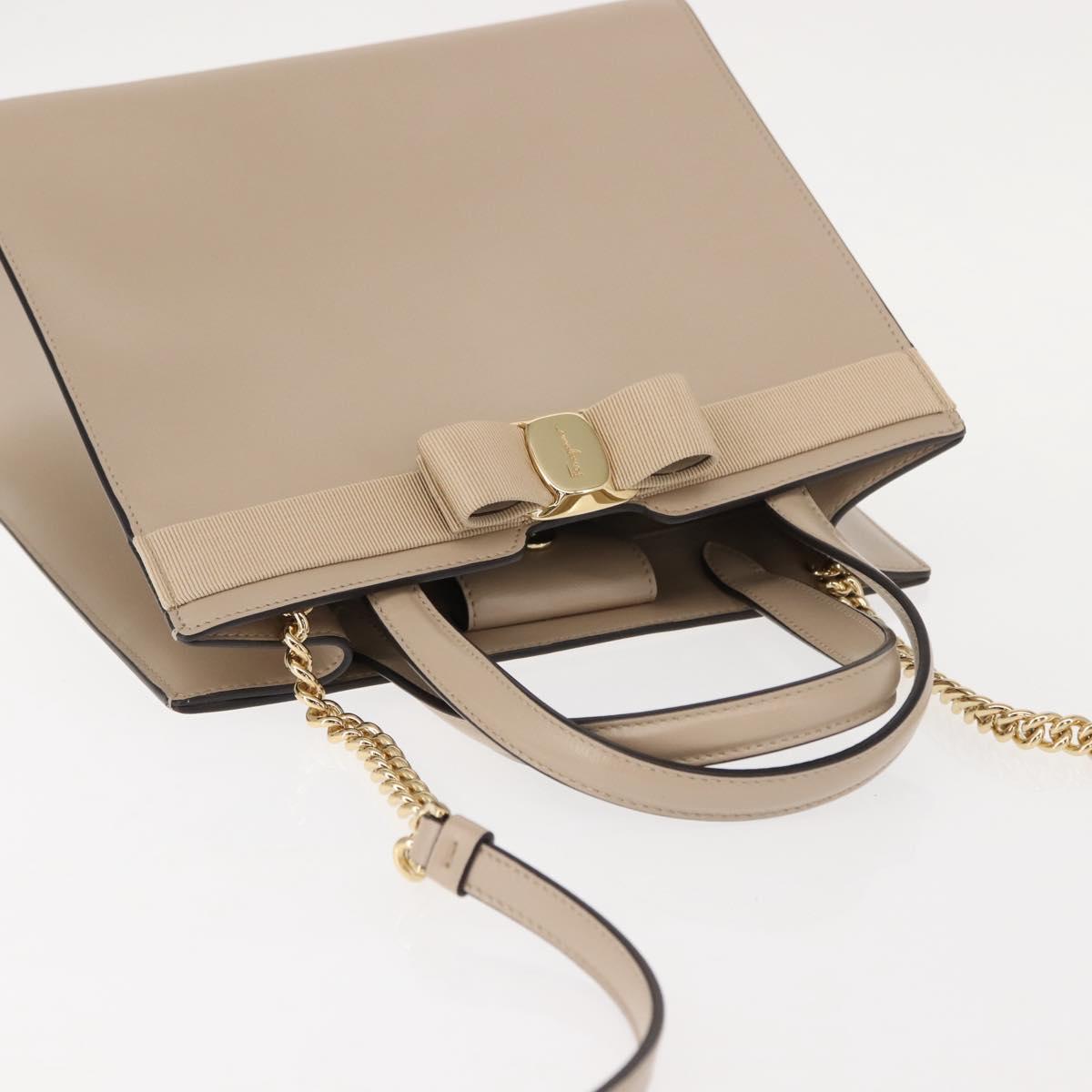 Salvatore Ferragamo Vala Hand Bag Leather 2way Beige Gold Auth gh1107