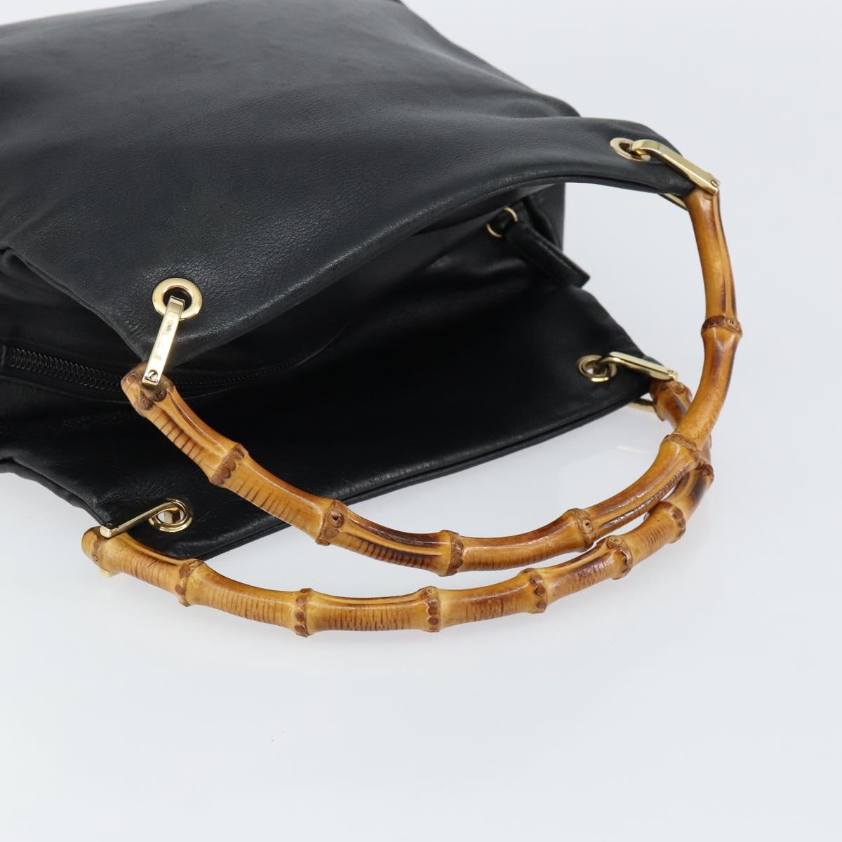 GUCCI Bamboo Hand Bag Leather Black Gold 000 3444 0580 Auth gh1149