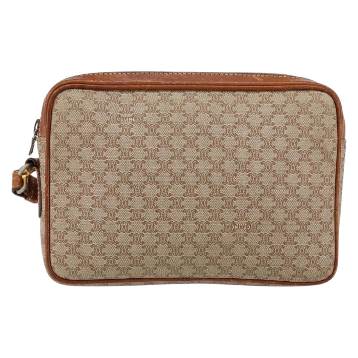 CELINE Macadam Canvas Clutch Bag PVC Beige Gold Auth gh1151