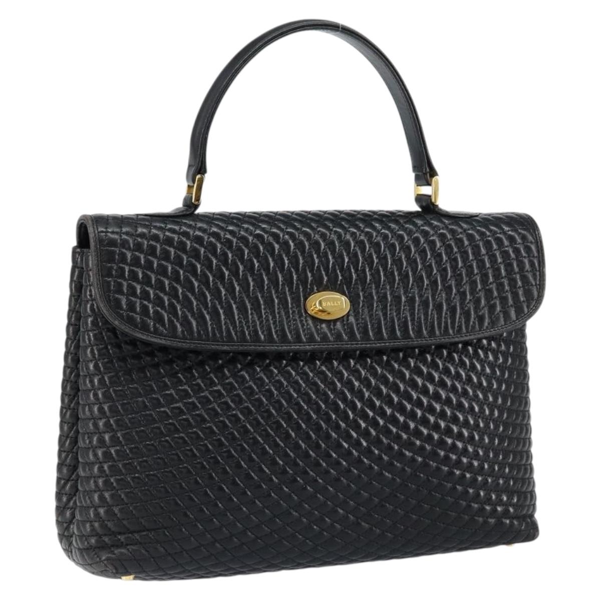 BALLY Quilted Hand Bag Leather Black Gold Auth gh1161