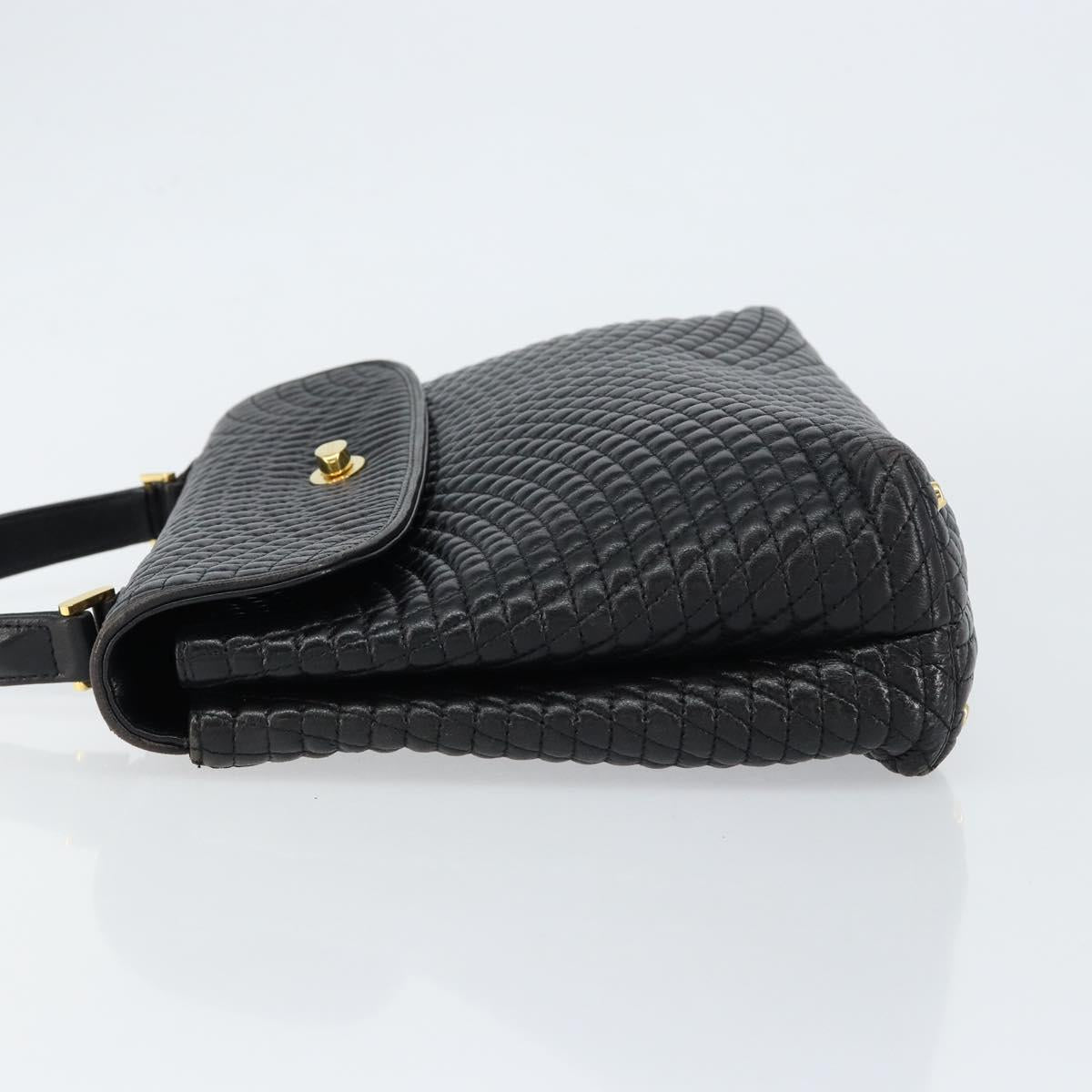 BALLY Quilted Hand Bag Leather Black Gold Auth gh1161