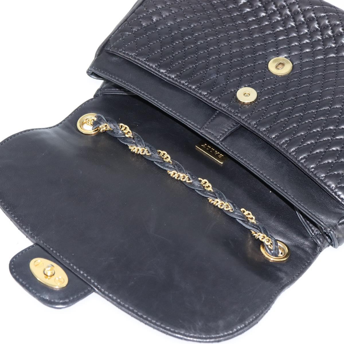 BALLY Quilted Chain Shoulder Bag Leather Black Gold Auth gh1162