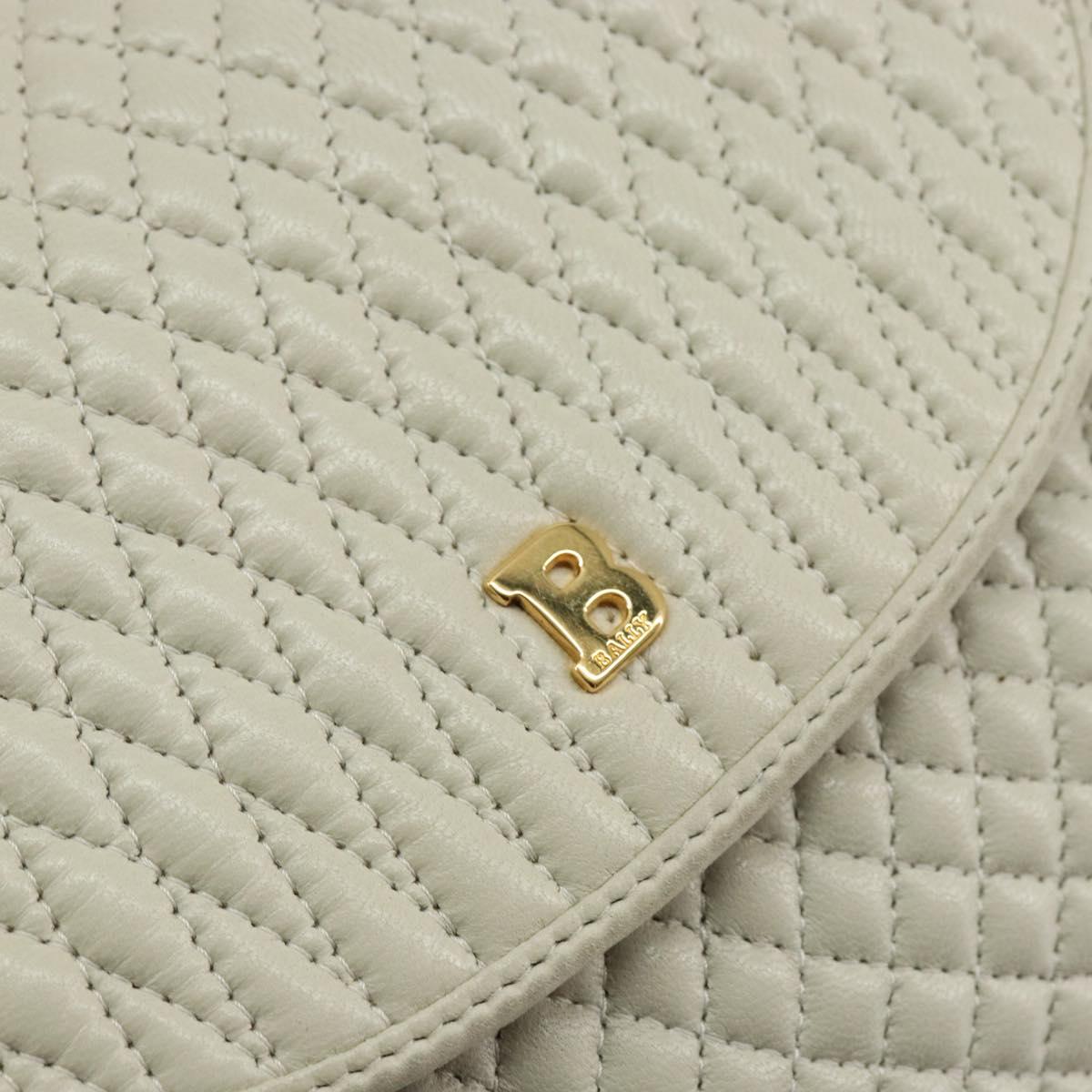 BALLY Quilted Hand Bag Leather White Gold Auth gh1163