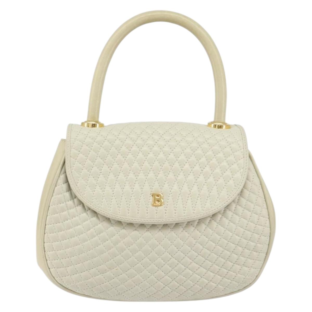 BALLY Quilted Hand Bag Leather White Gold Auth gh1163