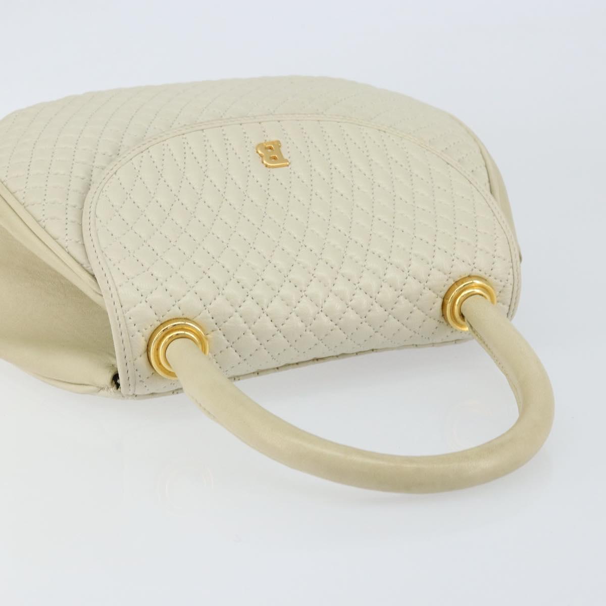 BALLY Quilted Hand Bag Leather White Gold Auth gh1163