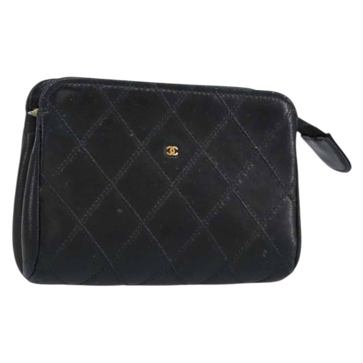 CHANEL Bicolore Pouch Lamb Skin Black Gold CC Auth gh1175