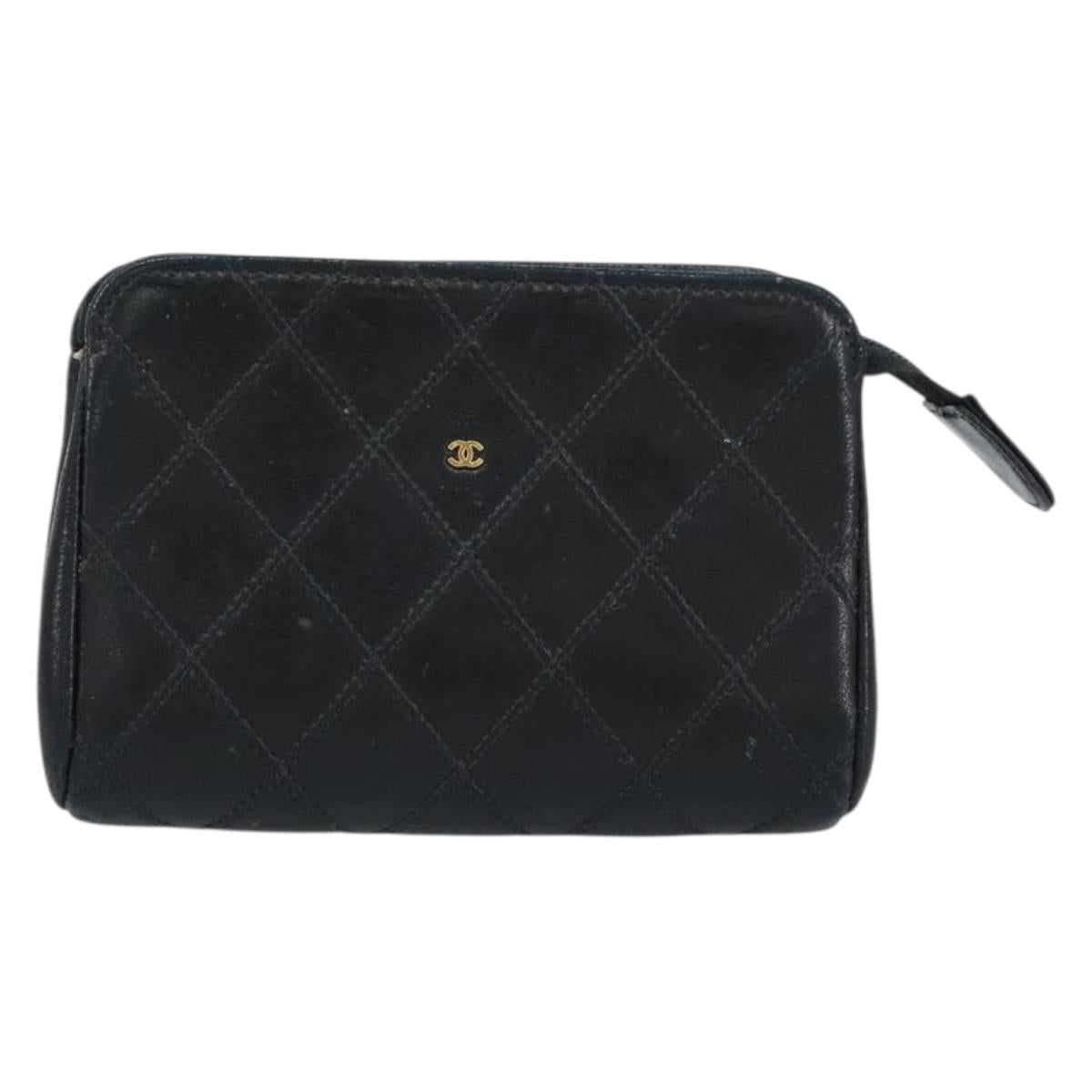 CHANEL Bicolore Pouch Lamb Skin Black Gold CC Auth gh1175