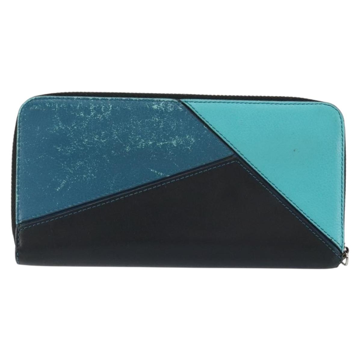 LOEWE Anagram Long Wallet Leather Blue Silver Auth gh1176