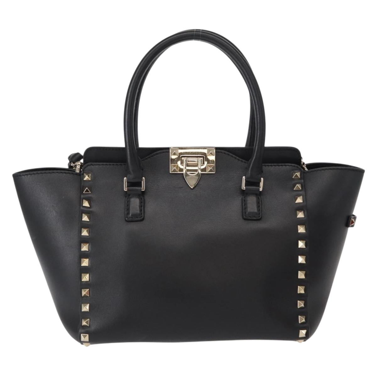 VALENTINO Studs Hand Bag Leather 2way Black Gold Auth gh1199