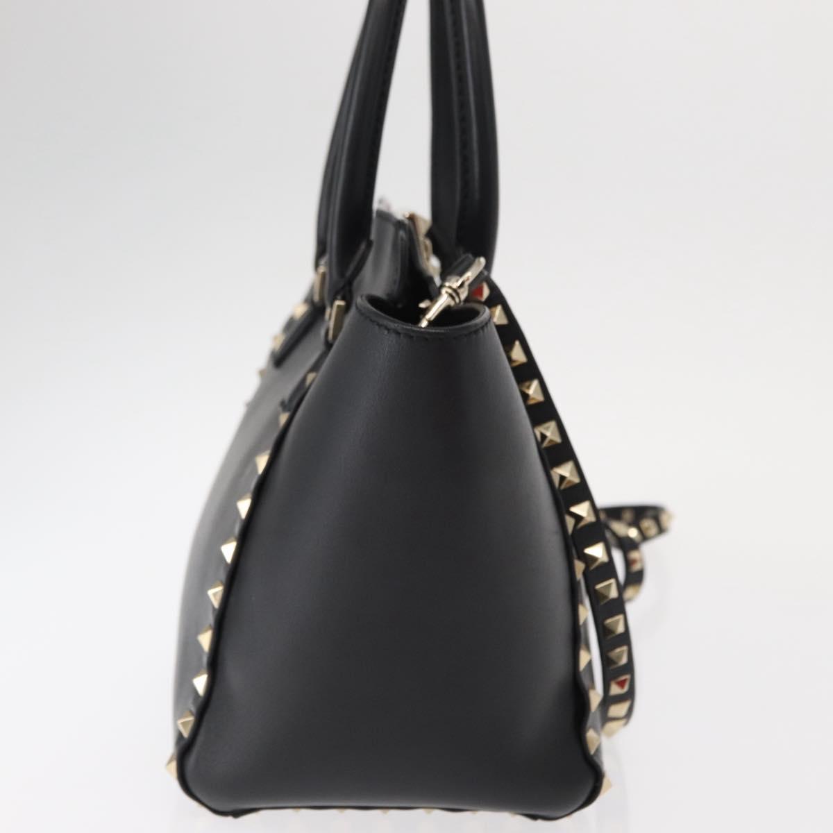 VALENTINO Studs Hand Bag Leather 2way Black Gold Auth gh1199