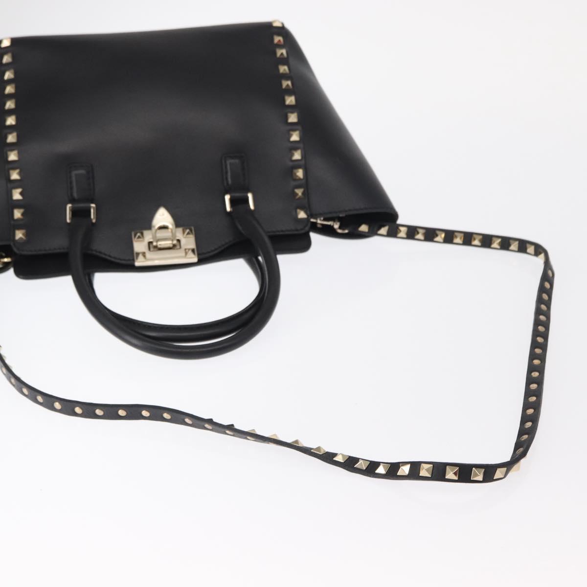 VALENTINO Studs Hand Bag Leather 2way Black Gold Auth gh1199