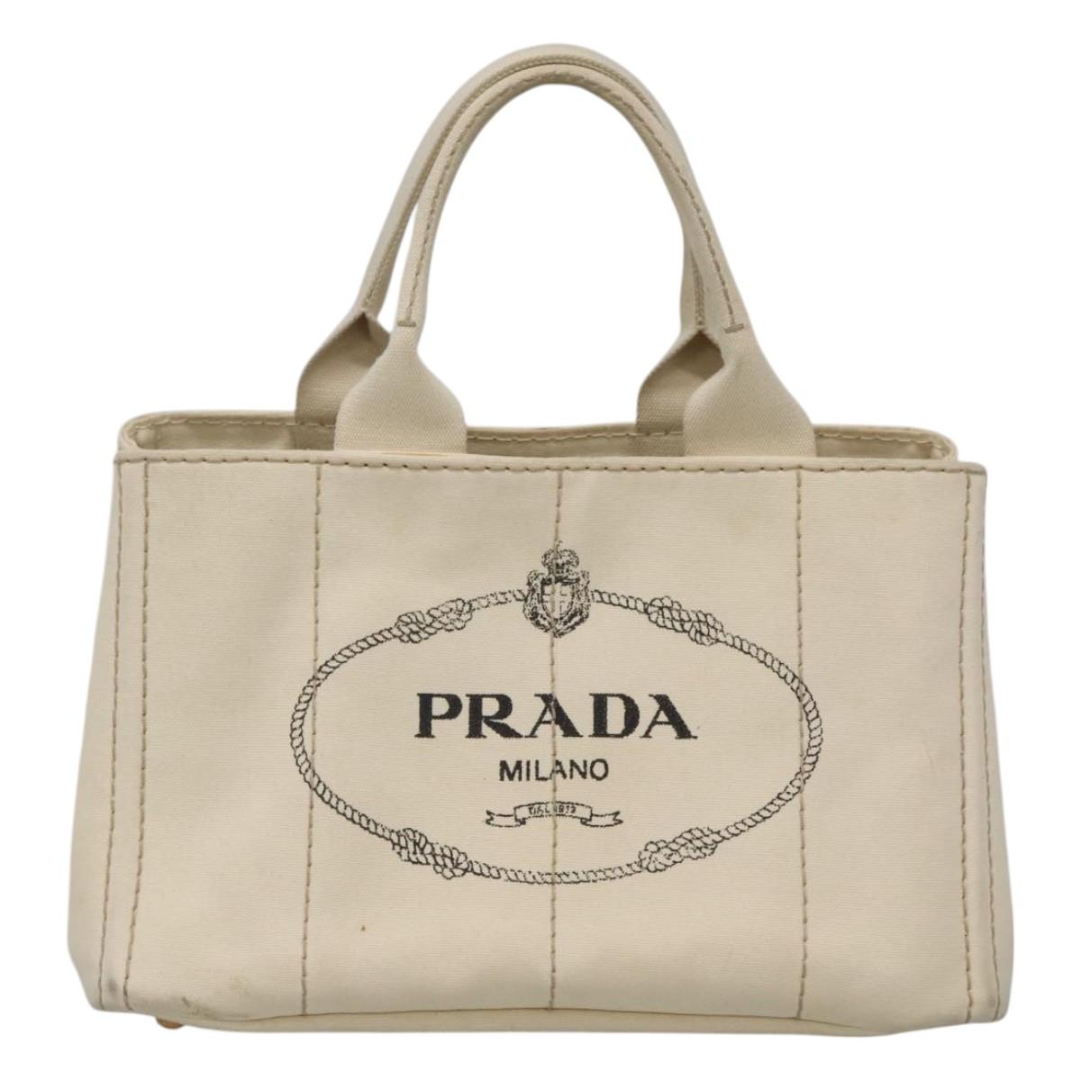 PRADA Canapa MM Hand Bag Canvas White Gold Auth gh122